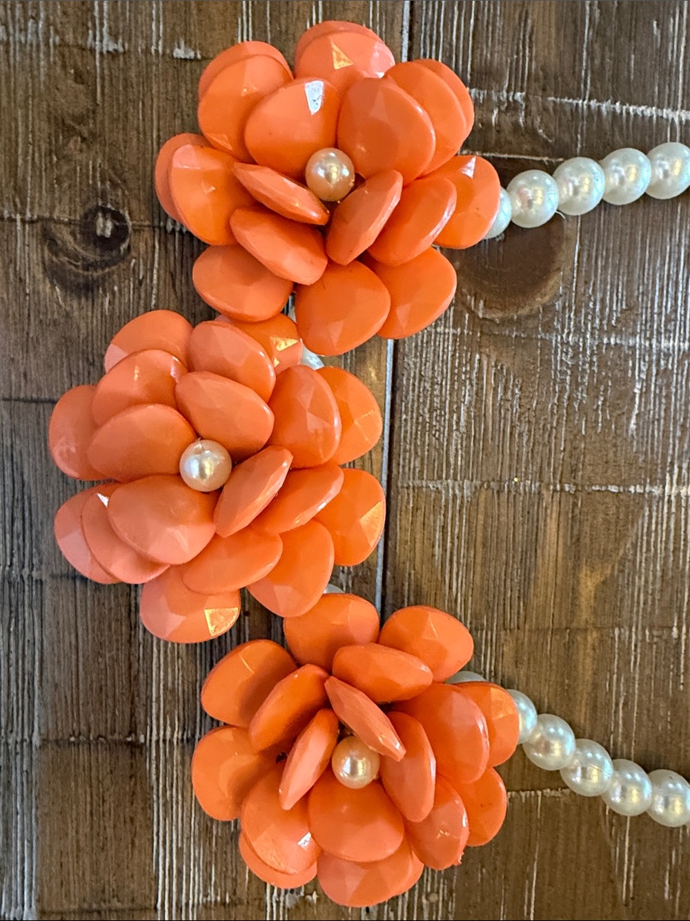 Bold Orange Lucite Floral Statement Necklace with Pearl Accents Vintage - Picture 5 of 5